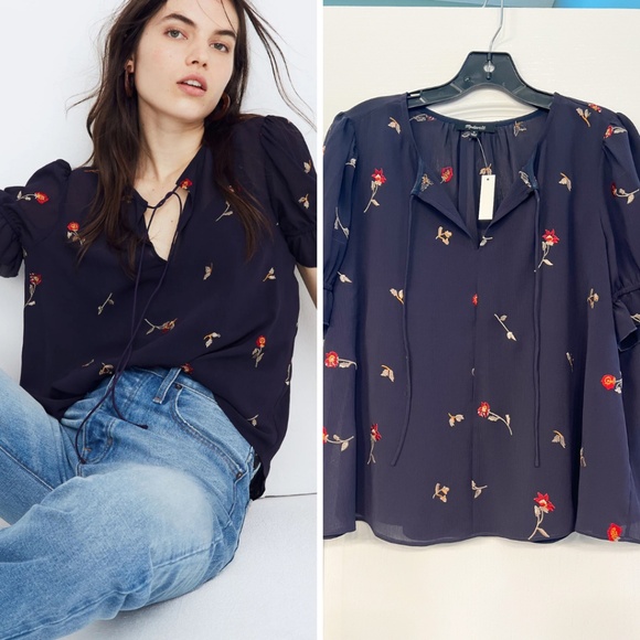 NWT Madewell Embroidered Zephyr Ruffle-Sleeve Top in Sweet Blossoms, M - Picture 1 of 9
